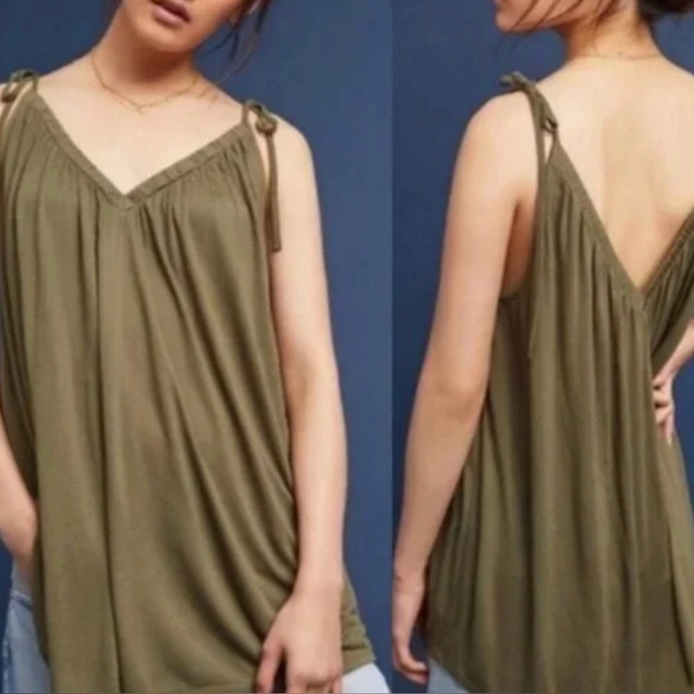 Anthropologie Pure + Good Olive Green Julian Tie Shoulder Tank Womens Size Small